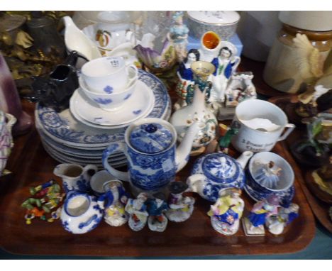 A Tray of Blue and White China to Include Small Coffee Pot and Tea Pot, Plates Etc, Hadley's Worcester Vase (AF) Figural Orna