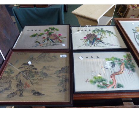 A Set of Three Framed Oriental Silk Embroideries Depicting Birds together with an Oriental Print 