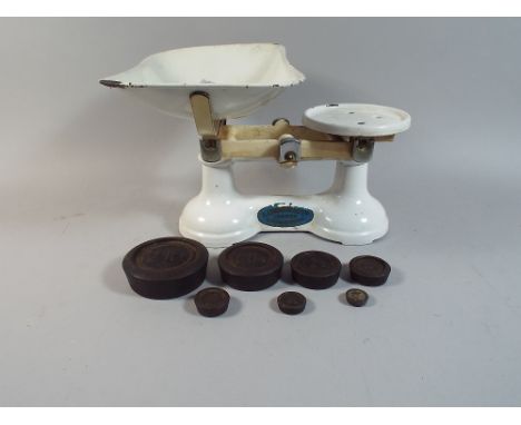 A Set of White Enamelled Kitchen Scales, The Viking, with Set of Weights
