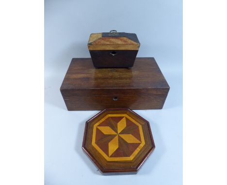 A Collection of Treen to Include Mahogany Slope for Restoration, Inlaid Octagonal Teapot Stand and Small Tea Cady with Missin