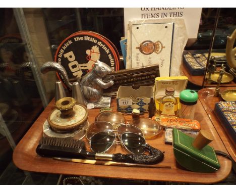 A Tray of Sundries to Include Vintage Sunglasses, Squirrel Nut Cracker, Billiards Scorer, Advertising Ashtray Etc