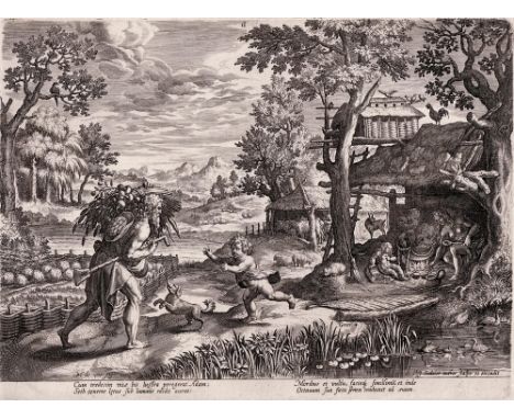 Maarten de Vos, Jan Sadeler -Adam and Eve with Seth - 1586  /  Description:  Adam strides home carrying food on his shoulder 