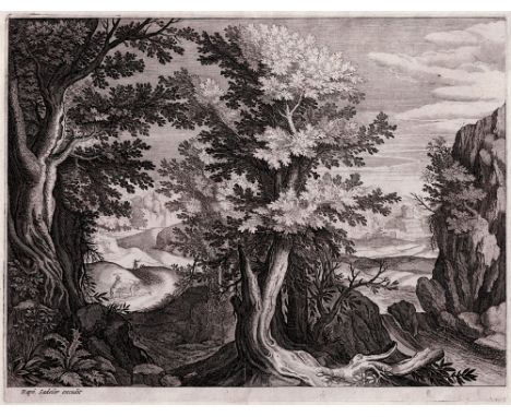 Raphael Sadeler - Landscape with travelers.  /  Description:  Landscape with trees in the foreground. On path to the left man