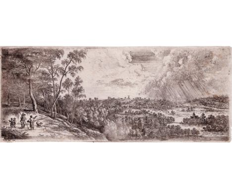 Lucas van Uden (1595-1672) - Landscape with a rain shower  /  Description:  Wide Flemish landscape seen from a height. A wind