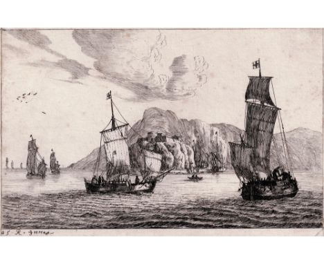 Reinier Nooms, Zeeman, Fishing boats in a bay, 1656.  /  Description:  Fishing boats in a bay, Etching by Reinier Nooms, Zeem