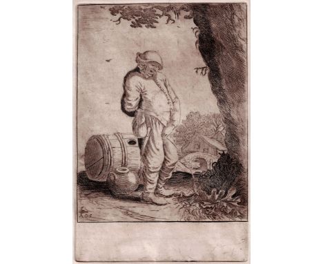 Adriaen van Ostade, Willem Basse - The urinating farmer   /  Description:  A farmer watering against a tree, standing with hi