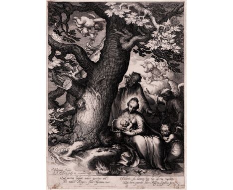 Boëtius A.Bolswert (1580-1633) - Bloemaert's Rest on the flight to Egypt  /  Description:  Mary with child, Joseph and angels