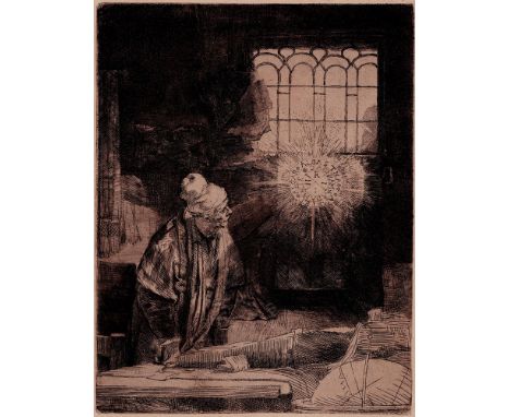 Rembrandt Van Rijn - Faust - 1652  /  Description:  A Scholar in His Study ('Faust'); Man wearing robes and a cap standing be