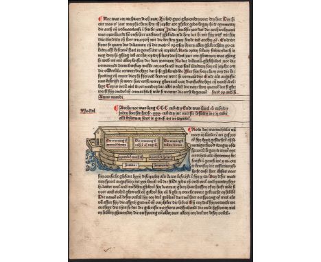 Dutch Incunabula - Werner Rolevinck, The Ark of Noah -  1480  /  Description:  Incunabula sheet with hand painted rubrificati