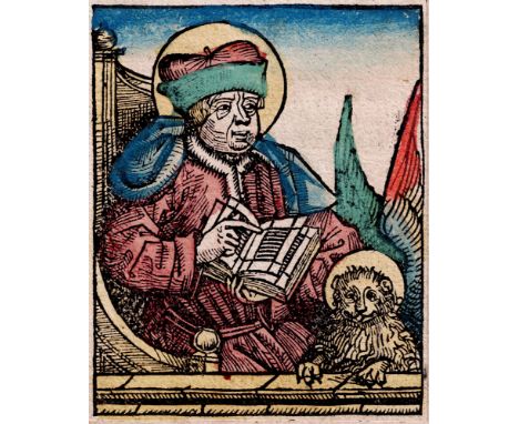 Michel Wolgemut (1434-1519) -The evangelist Saint Marcus - 1493  /  Description:  Old colored woodcut from the first edition 