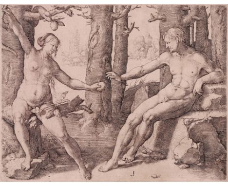Lucas van Leyden (1494-1533) - The Fall of Man  /  Description:  The Fall of Man; Eve, one arm raised above her grabbing a br