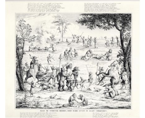 The reversed world: The hunter judged by the animals, Charles Onghena (Gent 1800-1899), After Anonymous, Hugo Allard.  /  Des