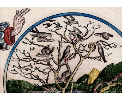 Nuremberg Chronicle - Creation of  Birds and  Fish / Moon and Stars - 1493  /  Description:  Old coloured woodcut from the fi