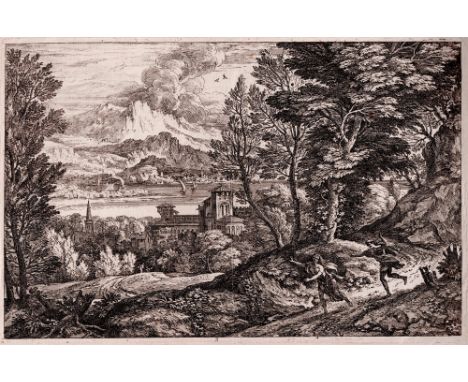 Adriaen van der Kabel (1630-1705) - Woman chased by young man  /  Description:  Landscape with mountain path on which a runni