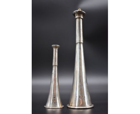 An Edwardian silver novelty hunting horn table lighter, by Joseph Braham, London 1908, 19.5cm; together with a silver novelty