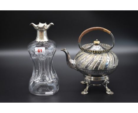 A Victorian silver mounted hourglass decanter and stopper, by A C, London 1893, 26cm high; together with an EPNS kettle on st