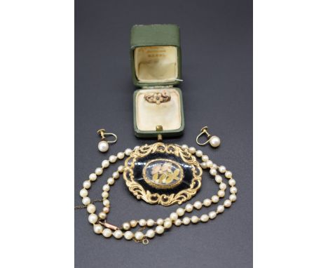 A single strand pearl necklace, having 9ct gold clasp; together with a Victorian mourning brooch; a pair of 9ct gold pearl sc