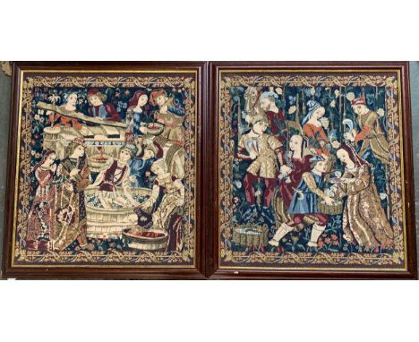 A pair of reproduction Flemish style tapestry scenes depicting grape harvesting, each framed and 49x44.5cm