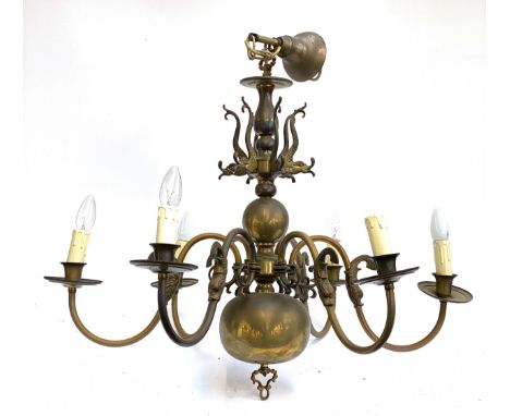 A large 20th century dutch style gilt metal six arm chandelier with classical dolphin detail, 82cmW by 65cmH