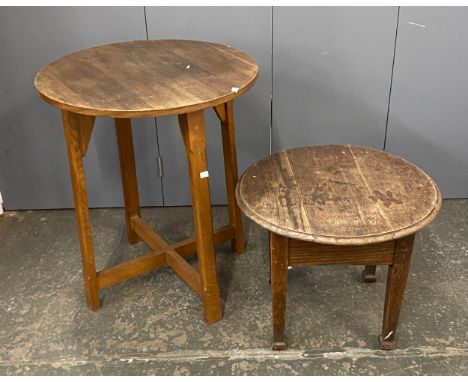A circular oak occasional or lamp table in Arts &amp; Craft style, 61x71cm, together with a small oak occasional table with h