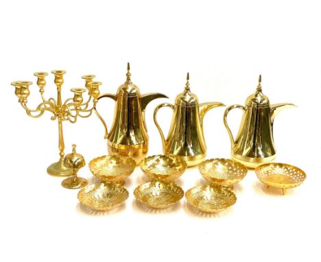 Three Japanese gold plastic dallah coffee pots, together with gilt metal bowls with pierced design, seven armed candlestick, 