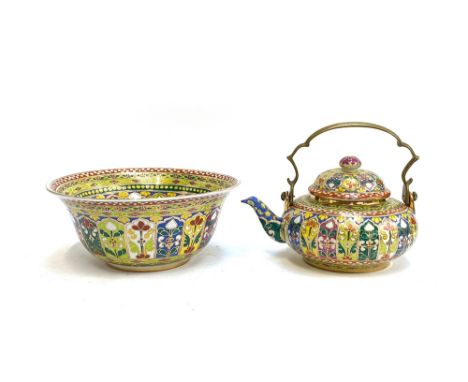 A large 20th century Thai ceramic teapot with sturdy brass handle and large bowl, 38cmD