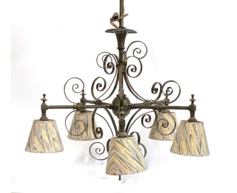 A large wrought metal five armed chandelier with applied metal swirl detail and marbled paper style paper shade, 70cmW 106cmH