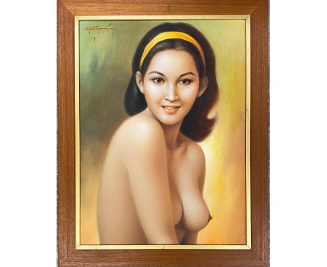 Portrait of a female nude, oil on canvas, signed indistinctly upper left, 59x43.5cm