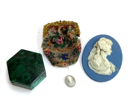 A mixed lot comprising of a Jasperware portrait medallion of Marie Antoinette (af) bearing label for John Rhodes esq to verso