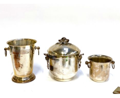 A Gorham silver plated ice bucket with floral finial handles and glass liner 27cmH together with two others