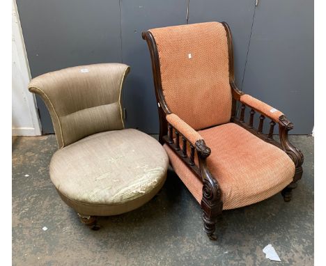A Victorian upholstered open armchair on turned front legs and castors, 64cmW; together with a Victorian slipper chair with a