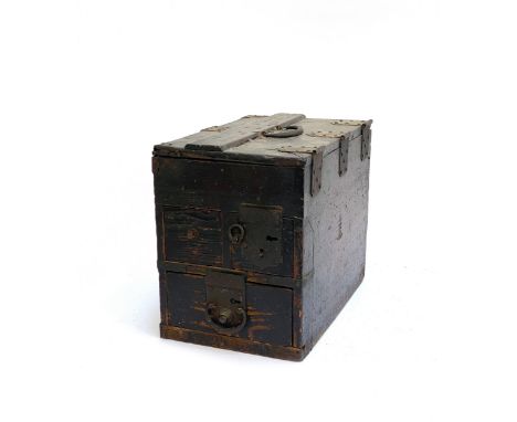 A Japanese stained pine Suzuribako calligraphy writing chest, with iron mounts, the hinged lid over three drawers, 32x20x26cm