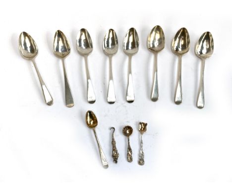 A matched set of eight Georgian silver teaspoons, hallmarked WE; together with four small silver items including button hook 