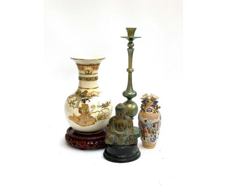 Two 20th century Japanese vases with textured enamel  details (AF), the taller 30cmH on a carved wood stand together with a c
