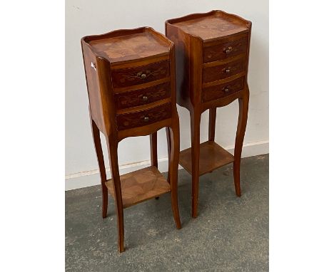 A pair of very small kingwood and parquetry bedside or lamp tables, each with three drawers, 24x22x74cm