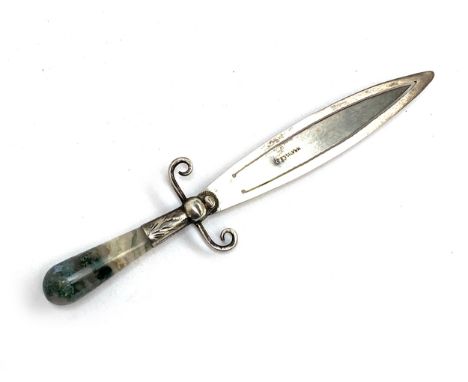 A late 19th/early 20th century silver dagger bookmark with moss agate handle, stamped C&amp;N Silver, 11cmL