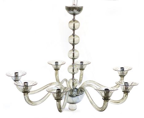 A large grey Murano glass style eight arm chandelier, with 'bobbin' style central blown column, 100cmD