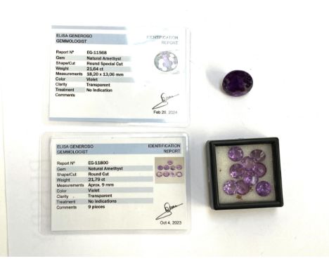 A large fancy cut loose amethyst, 21.64cts, 18.2x13.06mm; together with nine loose amethysts totalling 21.79cts