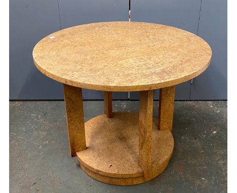 A early 20th century Art Deco circular burr wood occasional table, the quarter veneered top on four upright supports and circ