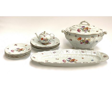 A 20th century Pirkenhammer porcelain 'Rococco' part dinner service, 12 pieces, comprising lidded tureen, small teapot, oblon