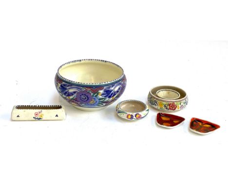A lot of six pieces of Poole pottery, to include to small Delphis pin dishes, large bowl 24cmD etc