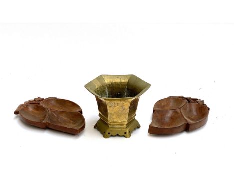 A Chinese hexagonal brass planter engraved with flowers and figures, with pierced foot, marked to base, 11.5cmH; together wit