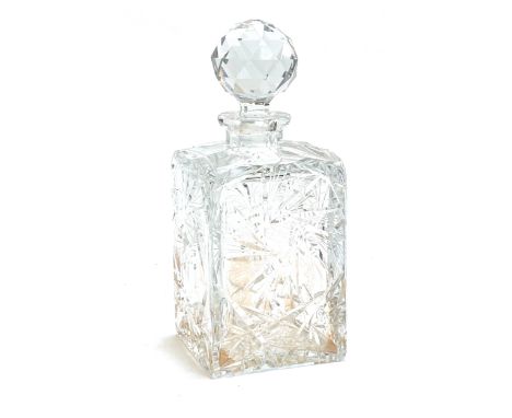 A substantial cut glass decanter etched with pinwheel octagrams, 26cmH including stopper