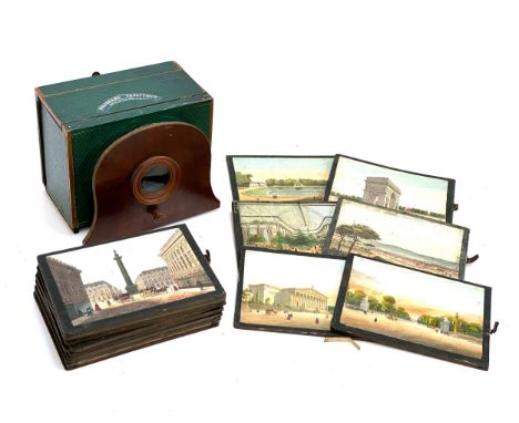 A 19th century French Polyorama Panoptique viewer with 18 hand-coloured plates; bearing label reading 'Polyorama Panoptique B