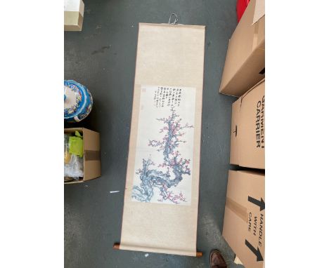 A 20th century Chinese scroll picture 170cmH, the print of prunus 87cmH by 42cm