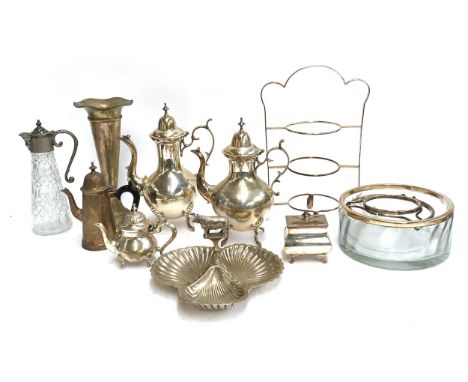 A quantity of silver plated items to include; two heavy coffee pots on raised feet 32cmH and 30.5cmH, a trefoil shaped servin
