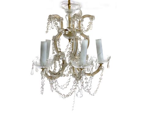A Bohemian glass five arm chandelier (af), bears glass label 'Genuine Bohemian crystal, made in Czechoslovakia', 46cm wide