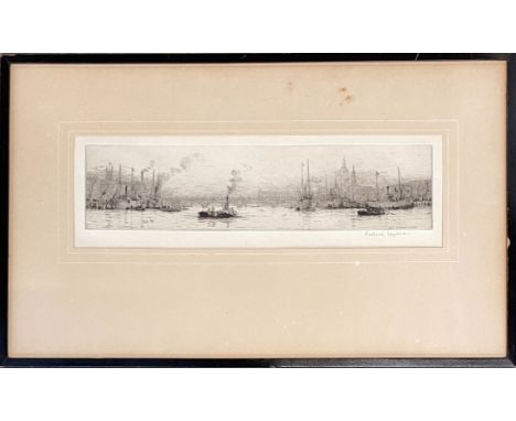 Rowland Langmaid R.A. (1897-1956), London Bridge from the Thames, drypoint etching, signed and titled, 8x35cm
