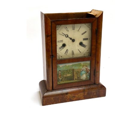 An American style mantle clock (af), glazed with a decorative scene, 30cmH