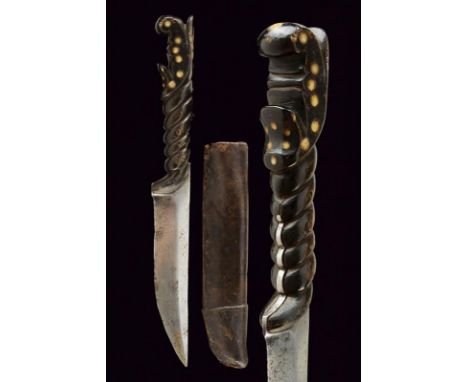 dating: 19th Century provenance: Genova, Straight, single-edged blade. Horn grip, richly embossed and decorated with bone eye
